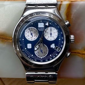 Swatch Stainless Steel Irony Chronograph with Date. Water resistant. Four Jewel.